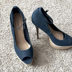Size 9 1/2 sky high denim peep toe wedged stilettos!! Only worn a few times!